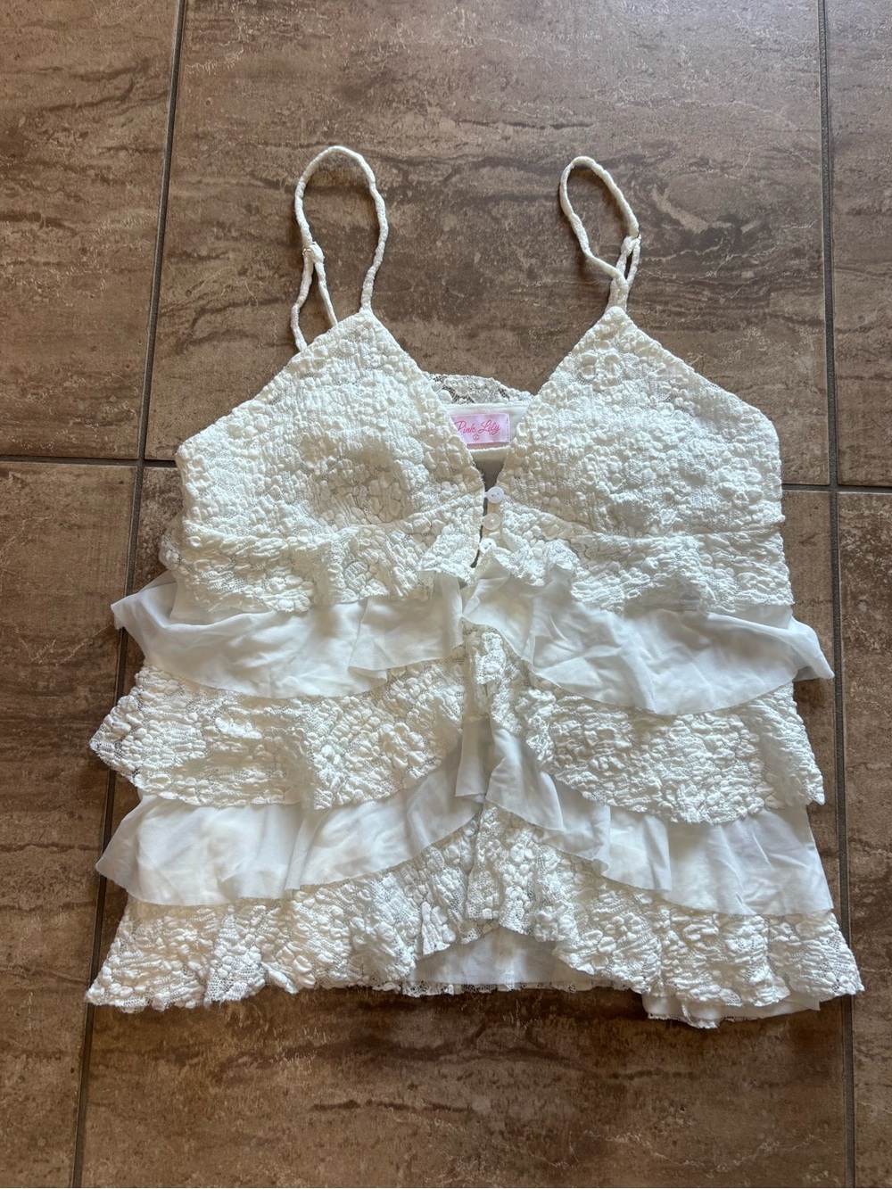 White lace ruffle cottage fairy tank top with floral embroidery